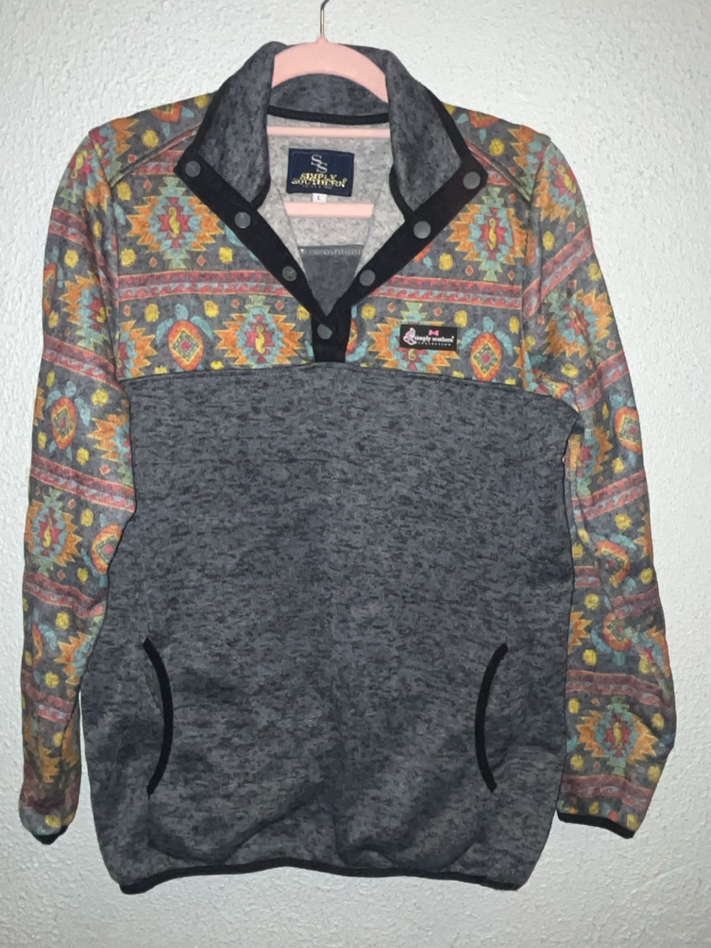 Simply Southern Gray Fleece Pullover with Multicolor Aztec Yoke